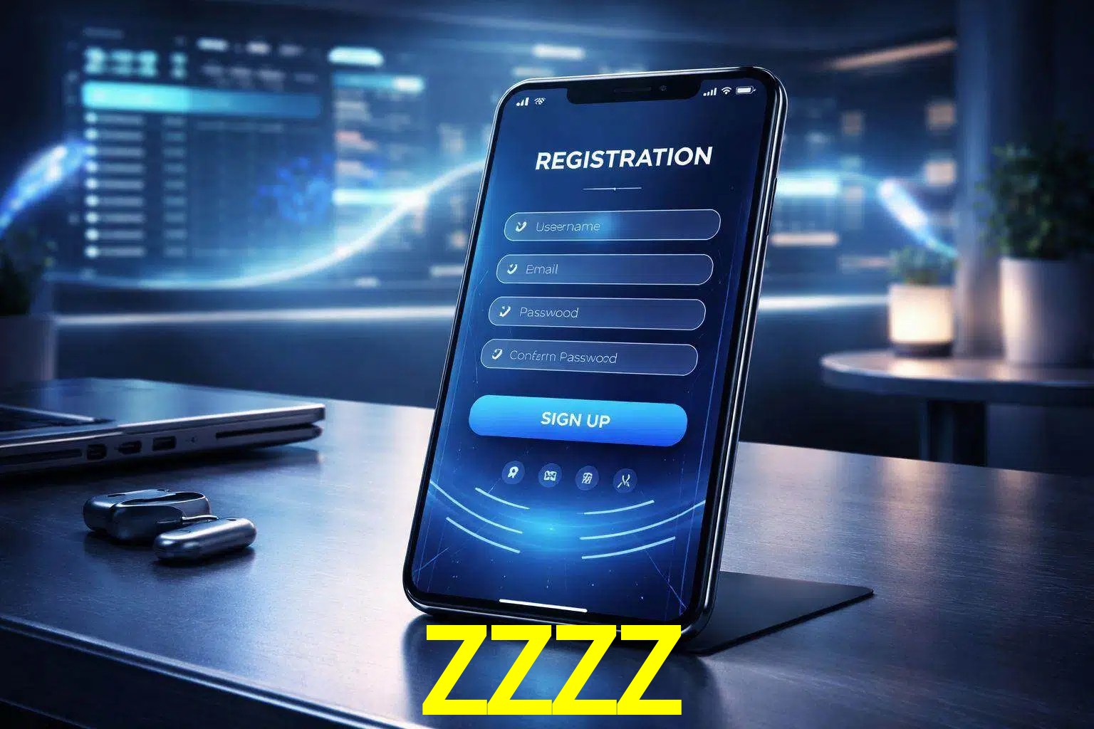 Una interfaz moderna de registro móvil para ZZZZ mostrada en un smartphone con un panel de apuestas elegante.
